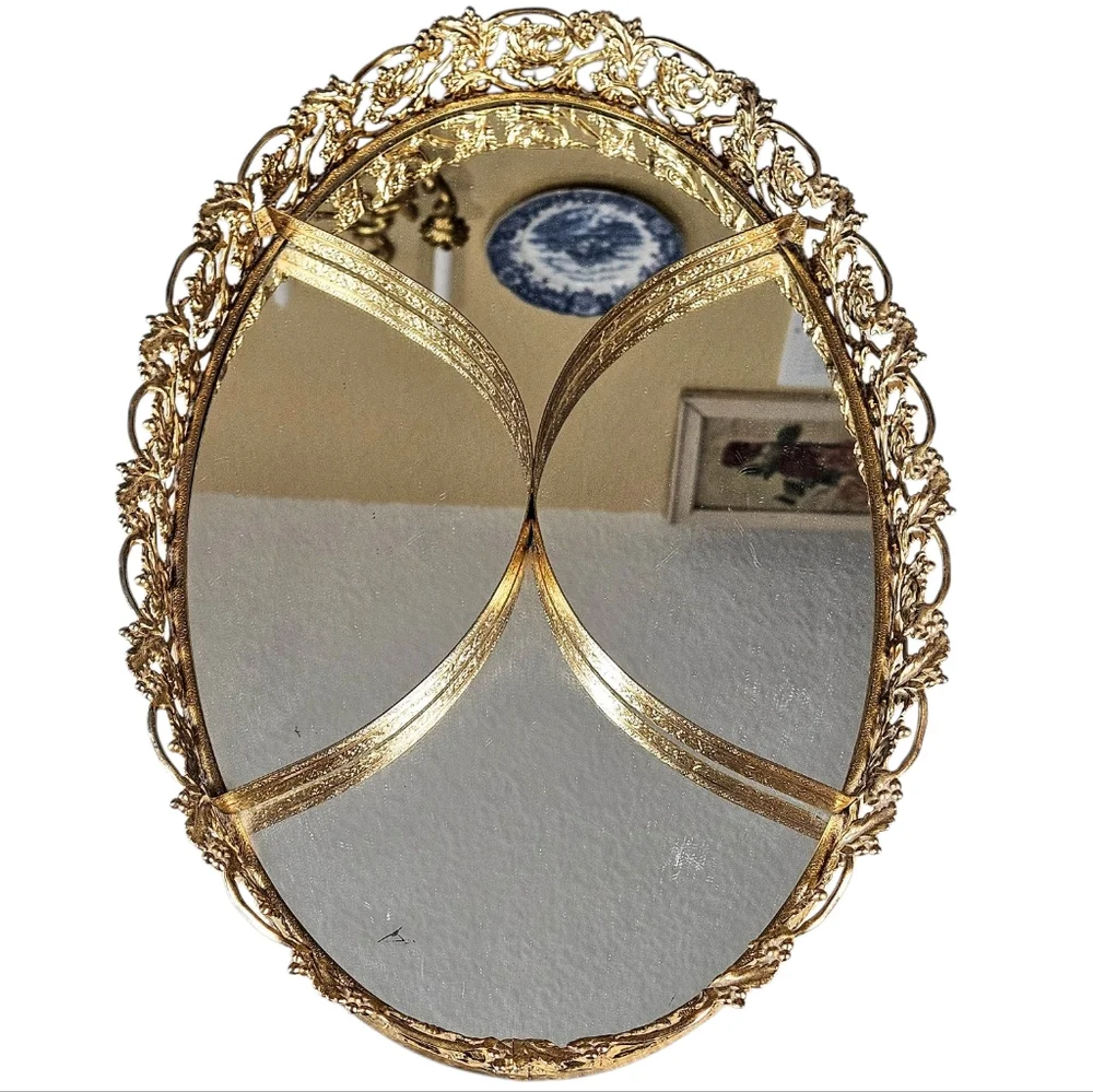 24K Gold Ormolu Filigree Oval Feminique Vanity Tray Mirror Vintage LG 16x10 in
